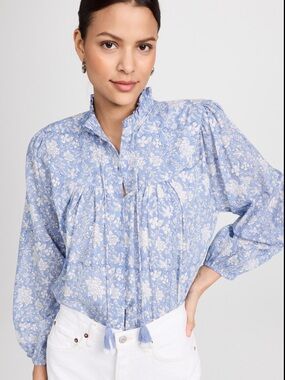 Marea Georgia Floral Peasant Blouse Light Blue size XS